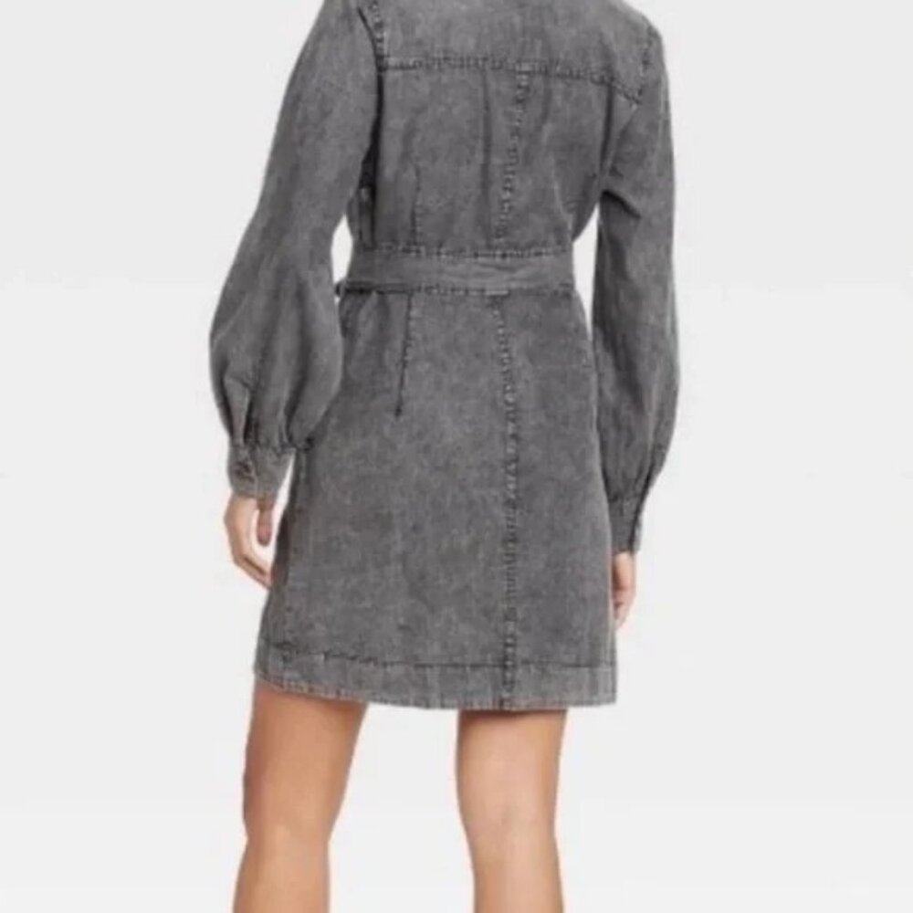 WHO WHAT WEAR womens DRESS black ACID WASH faded WRAP mini LONG SLEEVE SIZE L - Picture 2 of 13